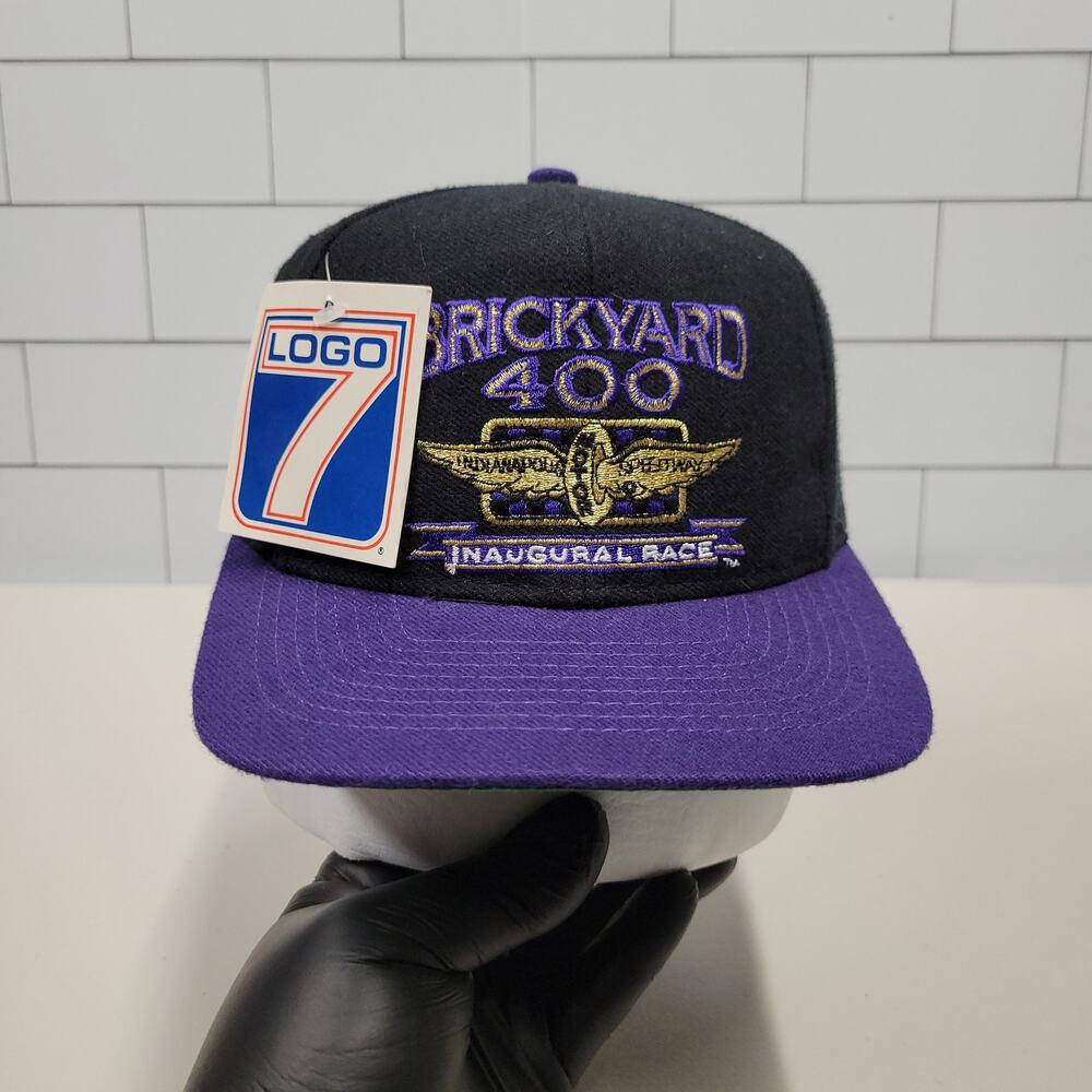 Vintage Brickyard 400 Logo 7 Snapback Hat NASCAR Racing Black Purple NWT